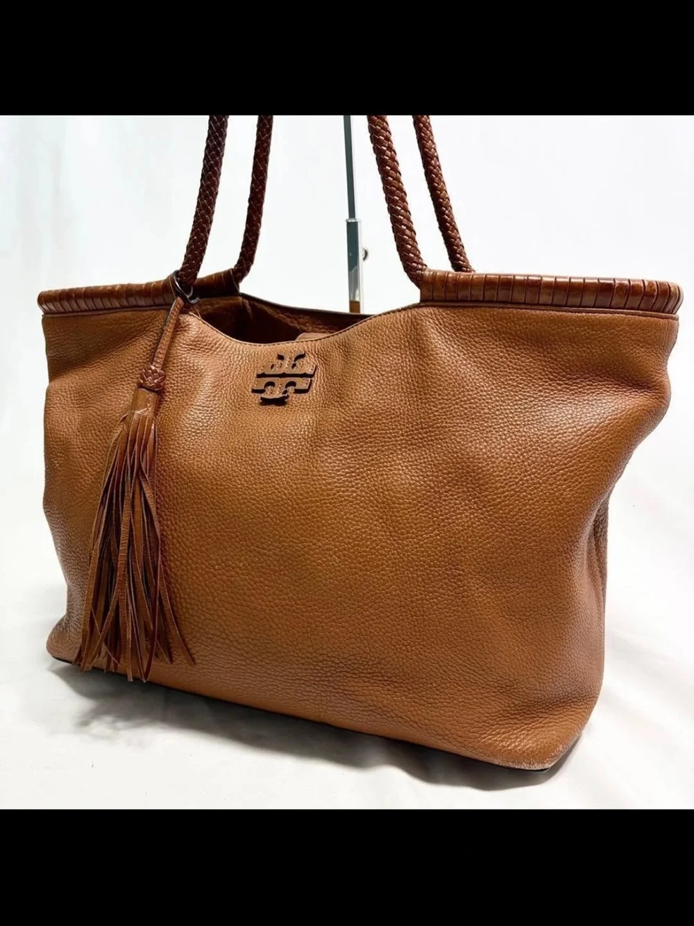 Tory Burch Cognac Pebbled Leather Tassel Tote